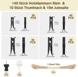 Mini Houten Clips voor Foto's - Set van 140 Stuks met Jute Touw - Perfect voor Bruiloft en DIY Decoratie — thumbnail 2