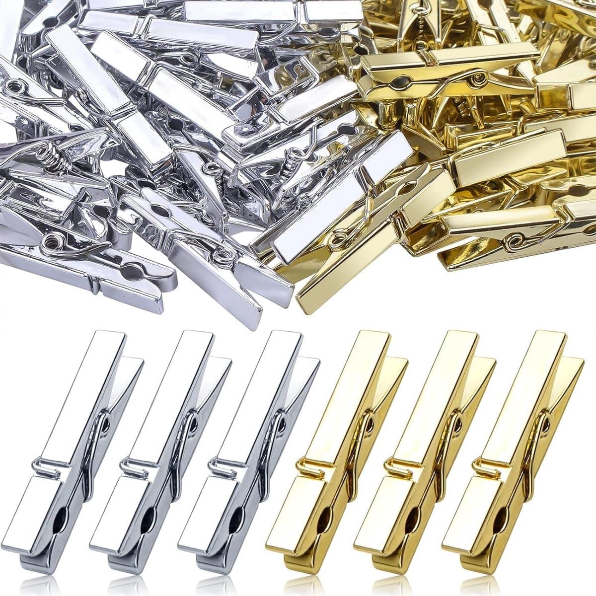 Mini Plastic Clips - Kleine Knijpers - Foto's Ophangen - Duurzaam Kunststof - 100 Stuks - Goud en Zilver — afbeelding 1