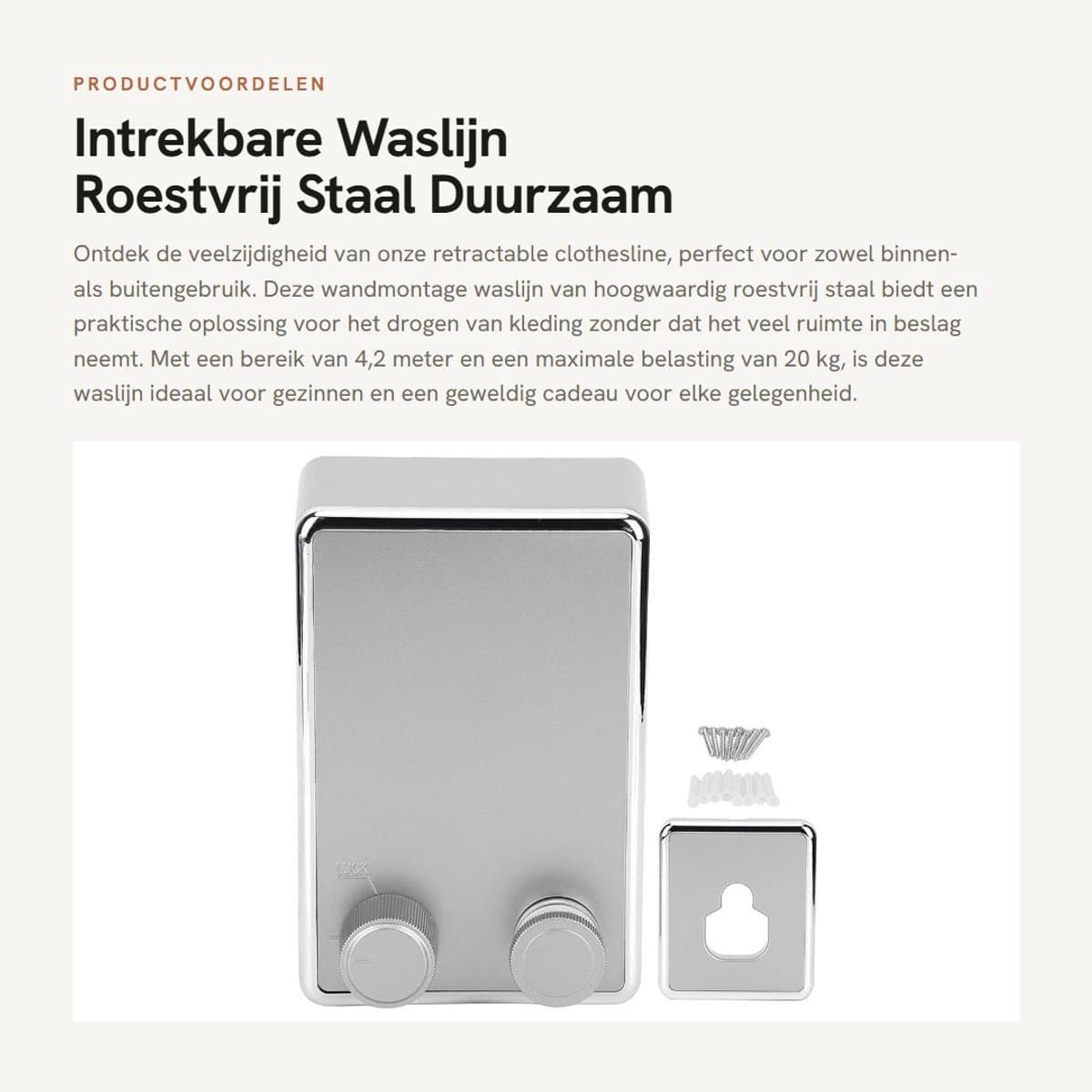Dailygoods- Waslijn Uittrekbaar 4,2 Meter - Wanddroogrek - Roestvrij Staal - Modern Design - Max. Belasting 20 kg - Geschikt voor Binnen/Buiten - Wasrek — afbeelding 1