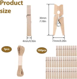 Mini Wasknijpers Set - Houten Clips Touw - Foto Decoratie DIY - Natuurlijk Hout Jute - 100 Stuks 30MM - Natuurlijk — thumbnail 5