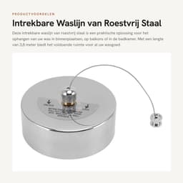 Dailygoods- Waslijn Zware Kwaliteit - Intrekbaar - Roestvrij Staal - Veiligheidsmechanisme - Voor Binnen/Buiten - 3,8 m Lengte - Kledingdrooglijn — thumbnail 5