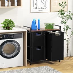 Wasmand met plank - Wasopberger - Sorteren van was - Drie vakken - 72 cm hoog - Zwart en bruin — thumbnail 5
