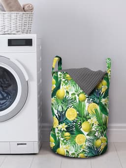ABAKUHAUS Nature waszak, exotische planten groene blad, wasmand met handvatten trekkoord voor wasserettes, geel bosgroen — thumbnail 3