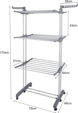 Inklapbaar Droogrek Tower - Mobiel Wastoren van Roestvrijstaal met 6 Vleugels - 75 x 64 x 170 cm — thumbnail 2