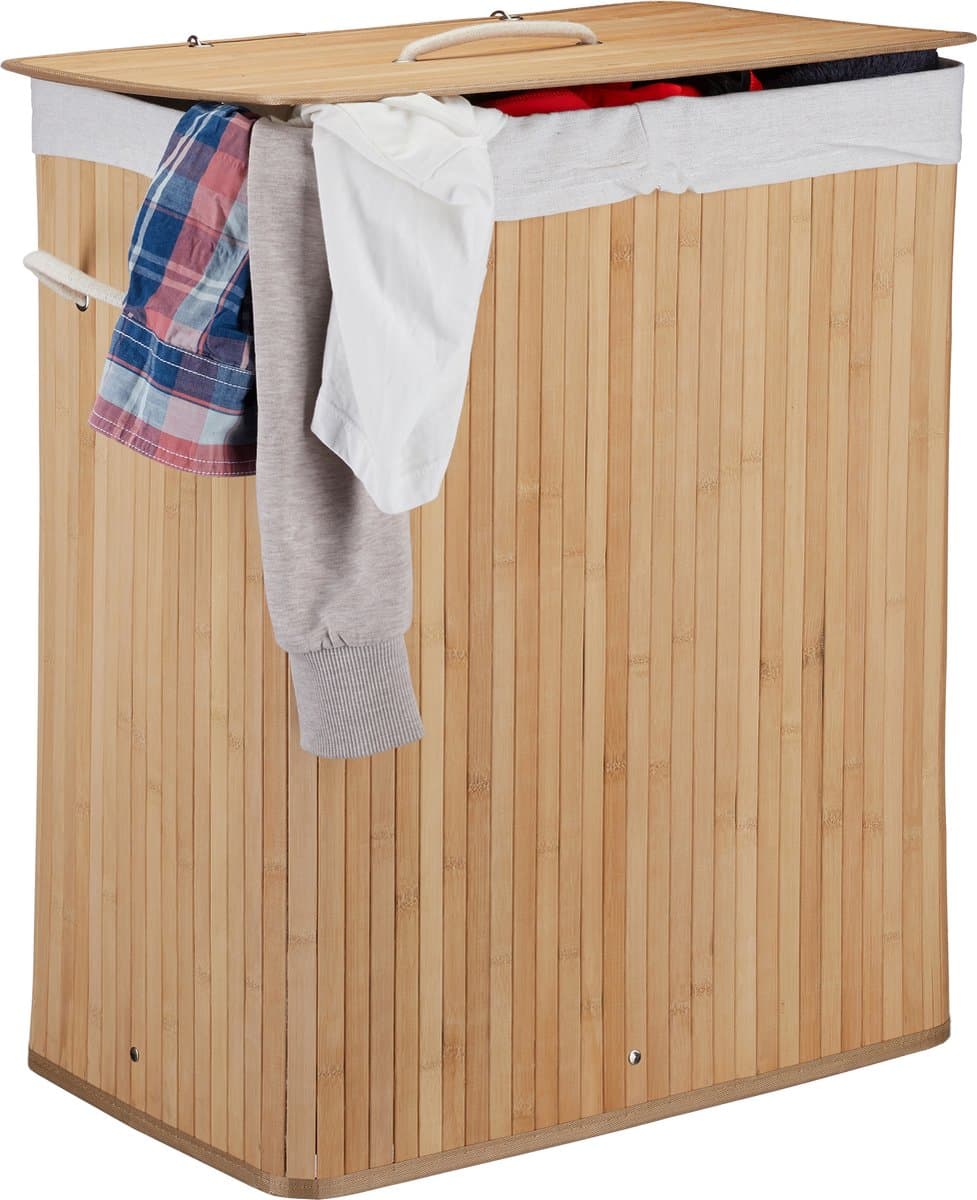 3x wasmand 2 vakken - bamboe wasbox - 95 liter - opvouwbaar - met deksel — afbeelding 1