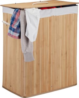 3x wasmand 2 vakken - bamboe wasbox - 95 liter - opvouwbaar - met deksel — thumbnail 1