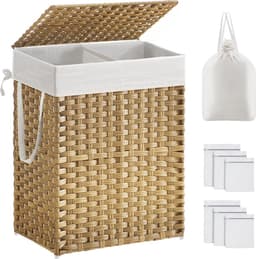 Wasmand met deksel, 90 liter, 2 vakken, uitneembare waszak met handgrepen, handgevlochten, voor slaapkamer, badkamer, 33 x 46 x 60 cm, naturel kleur — thumbnail 1