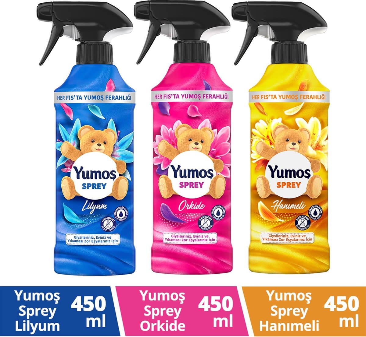 Yumos Textielverfrisser 3 geuren textielspray verwijdert geuren en laat een frisse geur achter - 3x 450ml — afbeelding 1