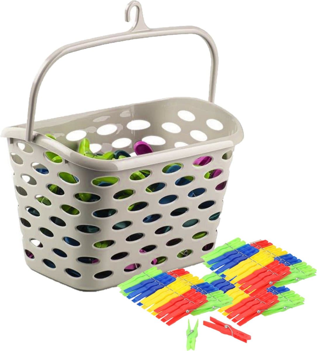 Plasticforte Wasknijpers ophang mandje/bakje - beige - met 72x plastic knijpers — afbeelding 1