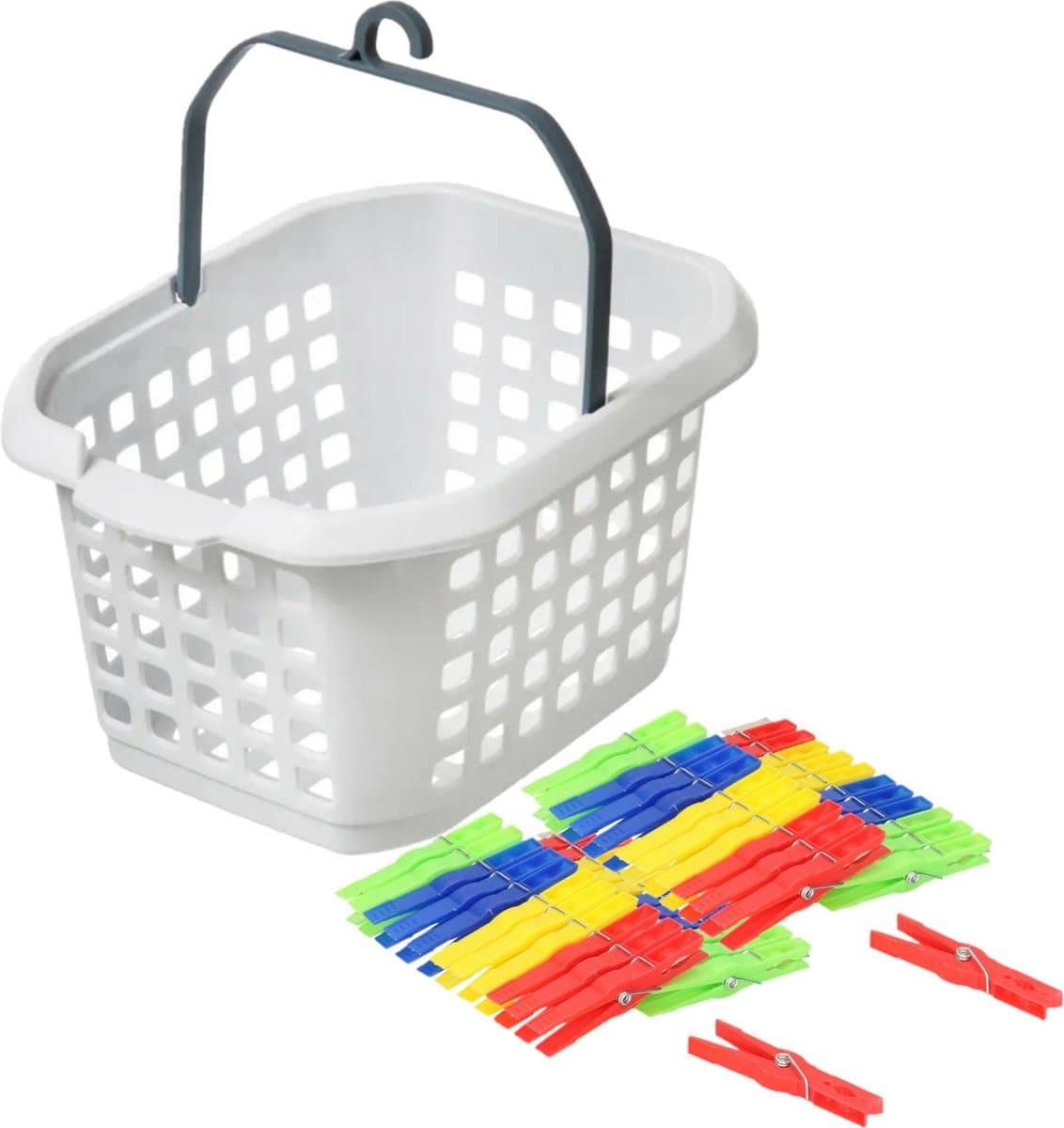 Wasknijpers ophang mandje/bakje - wit - met 48x plastic knijpers — afbeelding 1