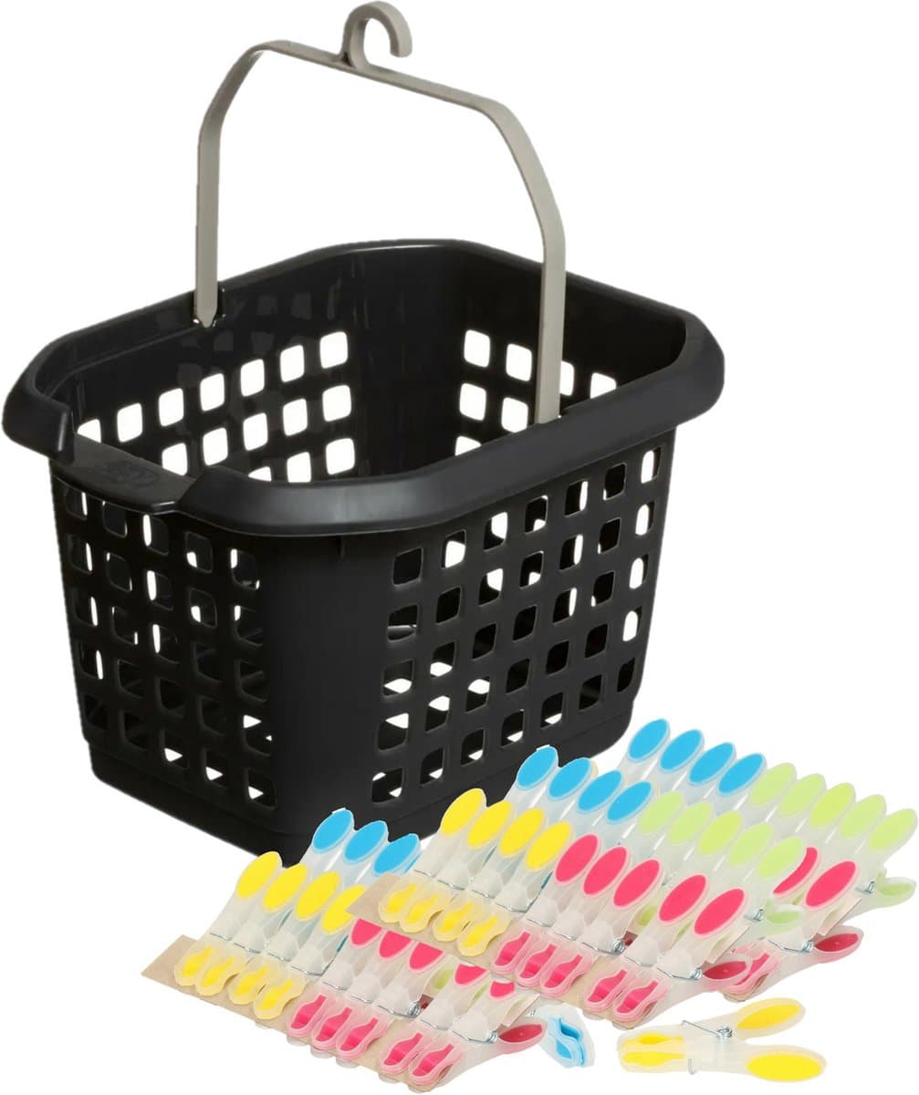 Wasknijpers ophang mandje/bakje - zwart - met 60x plastic soft grip knijpers — afbeelding 1