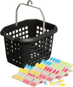 Wasknijpers ophang mandje/bakje - zwart - met 60x plastic soft grip knijpers — thumbnail 1
