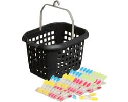Wasknijpers ophang mandje/bakje - zwart - met 60x plastic soft grip knijpers — afbeelding 1