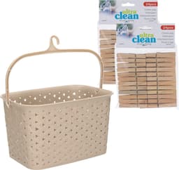 Wasknijpersmandje met ophanghaak - beige - en 48x houten wasknijpers 7 cm - was ophangen — thumbnail 1