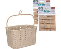 Wasknijpersmandje met ophanghaak - beige - en 48x houten wasknijpers 7 cm - was ophangen — afbeelding 1