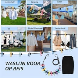 2 stuks waslijn camping, draagbare reiswaslijn, outdoor waslijn, uittrekbaar met 12 stuks klemmen en 13 stuks positionering welvingen, voor reizen, vakantie, outdoor, camping, slaapzaal (180-300 cm) — thumbnail 2