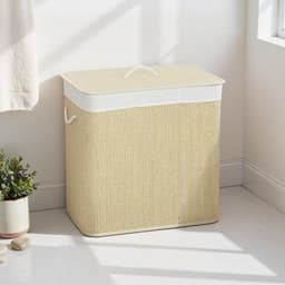 REDOM - Wasmand met deksel - 3 vakken en uitneembare waszak - 144 liter - Bamboe en metalen frame - Crème - 60 x 40 x 60 cm — thumbnail 3