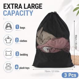 Waszakken met trekkoord, wasnet voor wasmachine voor ondergoed, beha, overhemd, kleding, beddengoed, pluche dieren (zwart, 70 x 90 cm) — thumbnail 5