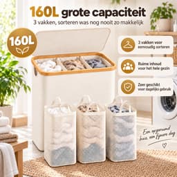 YYchan Wasmand 3 Vakken-Wasmand Met Deksel-Wassorteerder Bamboe-Oxford-Stof-Laundry Basket-Classificatielabel-Beige-160L — thumbnail 5