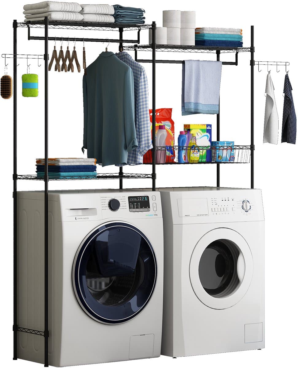 Triumpunpre - 4‑Laags Opbergrek Boven Wasmachine En Droger - Verstelbaar Wasruimte Organisator Met Kledingstang - Draadmand, Haken En Wasmand — afbeelding 1