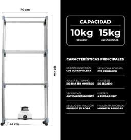 Elektrische Wasdroger – XXL – Draagbaar – 1200 W – Capaciteit 15 kg – Timer 180 min – 3 Standen – Stil – Droogkast – Wasrek – Blauw — thumbnail 4