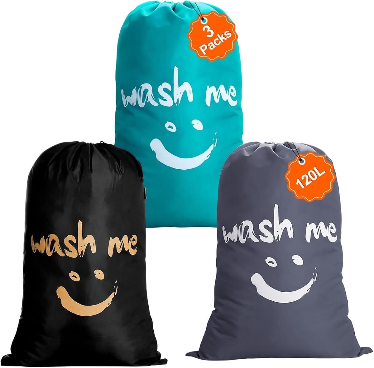 Set van 3 Waszakken met Trekkoord, 120L, Grote Capaciteit voor Kleding, Speelgoed en Dekens, Donkergrijs, Blauw en Zwart — afbeelding 1