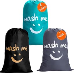 Set van 3 Waszakken met Trekkoord, 120L, Grote Capaciteit voor Kleding, Speelgoed en Dekens, Donkergrijs, Blauw en Zwart — thumbnail 1