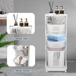 Wasmand met 3 vakken, 4 wielen, 2 kleine manden en 1 grote mand, afneembaar, wasmand met handgrepen voor badkamer, wasruimte, 44 x 33 x 110 cm — thumbnail 2