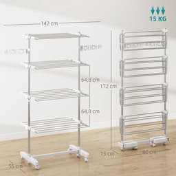 Mobiel wasrek - Wasrek met wielen - Mobiel Wasrek met 6 Wielen - Wit/Zilver RVS - 142x55x172 cm - Vouwbaar en Verstelbaar - Met Sokkenclips — thumbnail 2