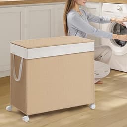 Waskorf 66,5 x 37,5 x 65 cm, Wasmand met 3 Compartimenten, 140 Liter, Vuile Wasmand met Deksel, Uitneembare Waszak met Handvat, 4 Wielen, 2 Remmen, Wasgoed Sorteren, Wasmand van Synthetisch Rotan, Metaal en Polyester-Katoen, Naturel, voor Wasruimte — thumbnail 3