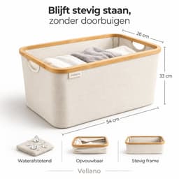 Vellano Opvouwbare Wasmand 45L – Beige – Wasmand met Bamboe Rand – Inklapbare Wasbox met Handgrepen – Heupwasmand – Opbergmand — thumbnail 2