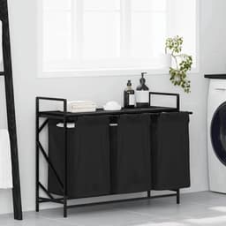 Wasmand – Laundry Basket – Wasbak – Wasbox – Laundry Hamper – 3 Compartiments – Zwart Eikenhout – Stalen Frame – Met Opbergrek — thumbnail 1