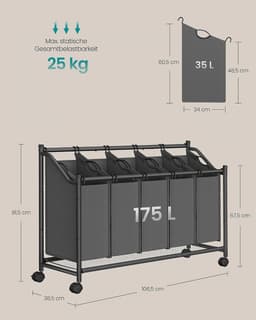 SONGMICS Wasmand met Wielen, Wasmand met 5 Uitneembare Waszakken, Waswagen, voor Wasruimte, Slaapkamer, Badkamer, 5 x 35 L, Leisteengrijs — thumbnail 2