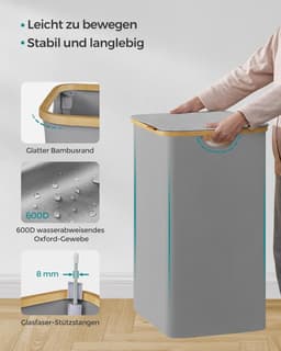 SONGMICS LCB513G01 Wasmand met Deksel, Wasmand met 2 Compartimenten, 130 L, Afneembare Waszak, Oxford Stof, Bamboe Handgrepen, Opvouwbaar, 52 x 38,5 x 70,5 cm, Duif Grijs — thumbnail 4