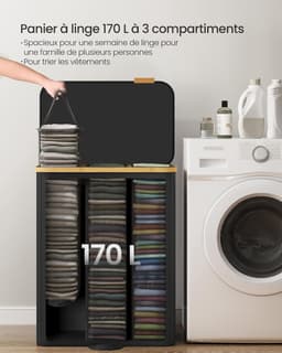 SONGMICS Wasmand met deksel, 170 l, frame van bamboe Vuilnismand, afneembare zakken, 3 vakken, voor wasruimte, inktzwart, collectie ROXANNE LCB — thumbnail 4