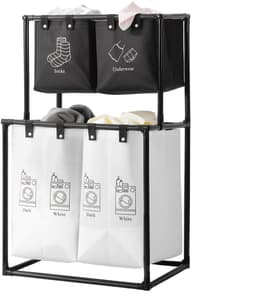Wasmand 4 Vakken - Wassorteerder 2 Niveaus - Uitneembare Oxford-Stoffen Zakken - Opvouwbaar Metalen Frame - Ruimtebesparend Verticaal Ontwerp - 7 cm Verhoogde Onderzijde - Voor Badkamer, Slaapkamer en Wasruimte — thumbnail 4