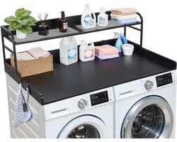 VEVOR Wasmachine Droger Countertop met Plank, 137 X 69,9 cm Houten Wasmachine en Droger Topper met Rand en 2 Haken, Wasmachine Topper voor Waskast Pantry Counter Organisatie en Opslag, Zwart