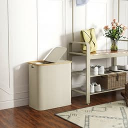 Dubbele opvouwbare wasmand van 80 liter met deksel - gegroefde handgrepen - beige — thumbnail 5