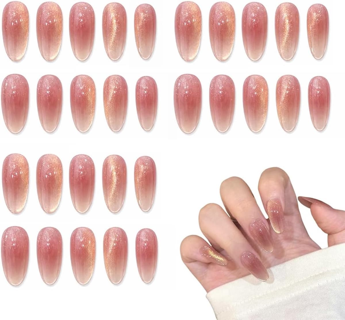 1 set, valse nageltips, vierkante gladde kunstnagels, kort nageldesign, nude tot donkere wijnverloop, voor dagelijkse stijl en speciale gelegenheden, 1 cm, roze goud — afbeelding 1