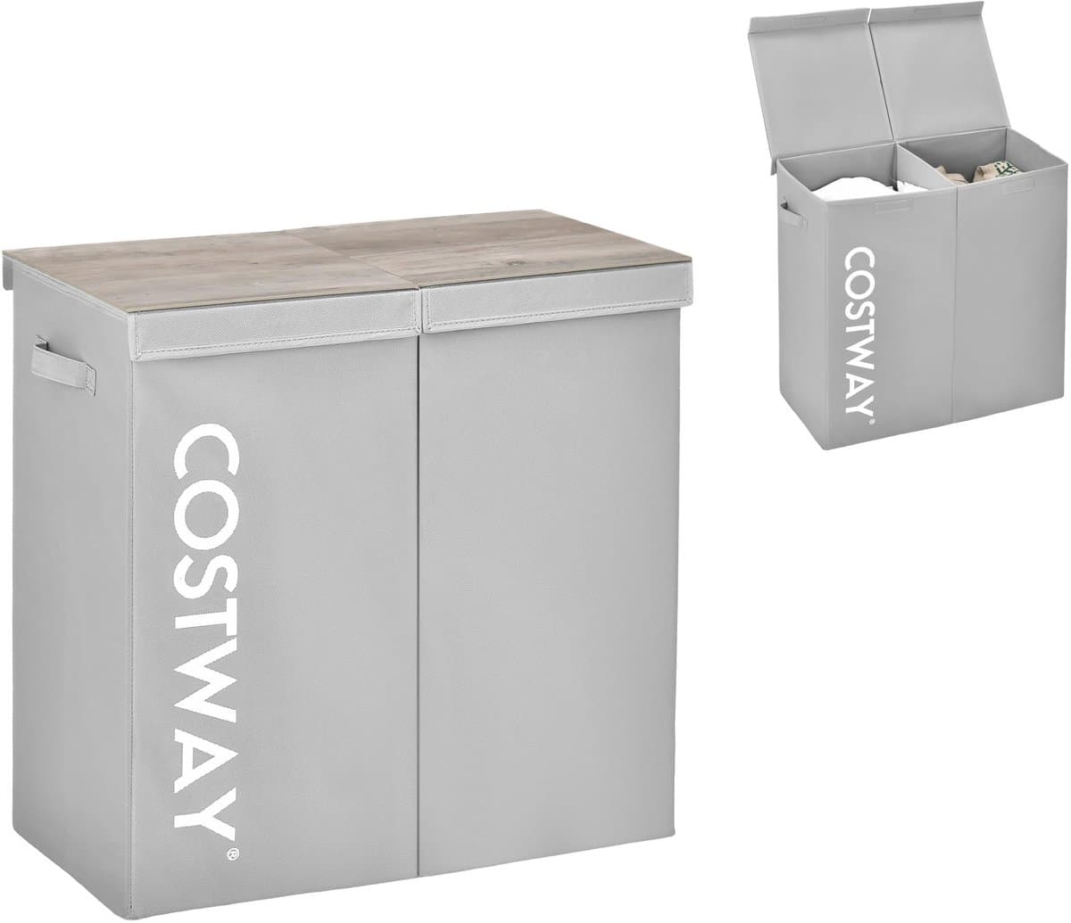 COSTWAY Wasmand met deksel, 115 liter, wasverzamelaar, 2 vakken, wasbox van vliesstof met handgrepen, 62 x 31 x 60 cm (grijs) — afbeelding 1