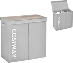 COSTWAY Wasmand met deksel, 115 liter, wasverzamelaar, 2 vakken, wasbox van vliesstof met handgrepen, 62 x 31 x 60 cm (grijs) — thumbnail 1
