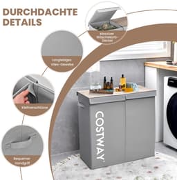 COSTWAY Wasmand met deksel, 115 liter, wasverzamelaar, 2 vakken, wasbox van vliesstof met handgrepen, 62 x 31 x 60 cm (grijs) — thumbnail 5