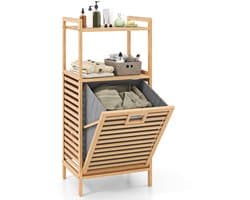COSTWAY Badkamerrek met wasmand, bamboe plank, badkamerkast met 2 planken en uitklapbare mand van stof, wasverzamelaar voor badkamer, bijkeuken, natuur, 43,5 x 33 x 96 cm