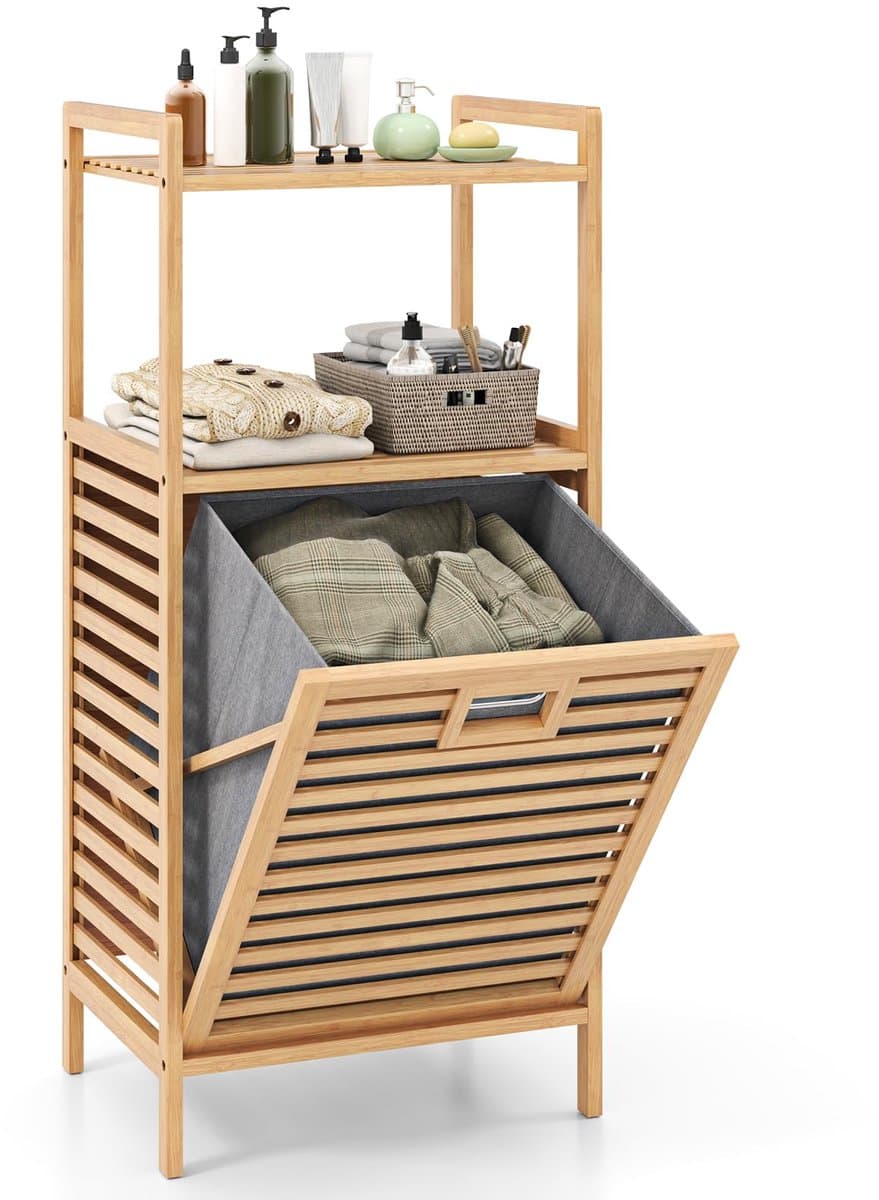 COSTWAY Badkamerrek met wasmand, bamboe plank, badkamerkast met 2 planken en uitklapbare mand van stof, wasverzamelaar voor badkamer, bijkeuken, natuur, 43,5 x 33 x 96 cm — afbeelding 1