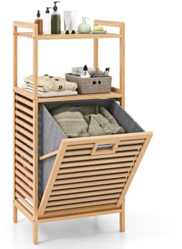 COSTWAY Badkamerrek met wasmand, bamboe plank, badkamerkast met 2 planken en uitklapbare mand van stof, wasverzamelaar voor badkamer, bijkeuken, natuur, 43,5 x 33 x 96 cm — thumbnail 1
