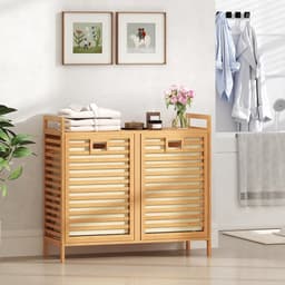 COSTWAY Dubbele wasmand, draaibaar, 75 liter, bamboe wasverzamelaar met 2 afneembare containers, handgrepen, vrijstaande badkamerkast, 80 x 30 x 72 cm, voor wasruimte, badkamer, slaapkamer — thumbnail 4