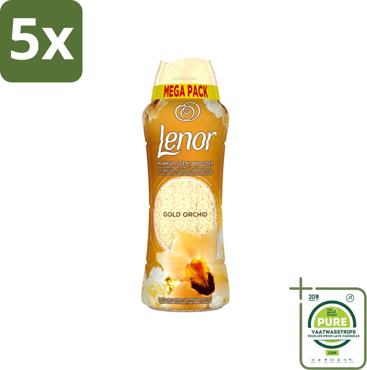 5 x Lenor – Geurparels – Gouden Orchidee – 570 g - Grootverpakking - Vaatwasstrips - Geurparel - Wasgeur - Orchidee - Vanille - Wasgeurparfum — afbeelding 1