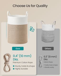 Opbergmand 80L, Wasmand 40x40x60 cm Wit Grijsbruin, Katoenen Katoenkoord Mand met Handgrepen, Grote Wasmand voor Kinderen en Gezin, Wasmandje Speelgoedmand Dekkenmand Kledingmand voor Woonkamer Slaapkamer Kinderkamer — thumbnail 5