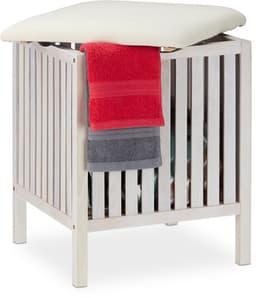 Stabiele wasmand met zitting - multifunctioneel - 1 stuk - wit/crème - hout/stof - 53x41x41 cm — thumbnail 1