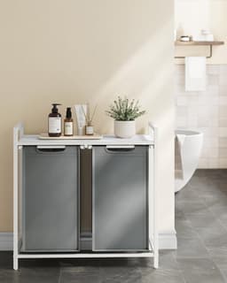 Wasmand, vuile wasmand, 2 vakken, 2 uitneembare Oxford stoffen zakken, plank, metalen frame, 2 x 46 l, 73 x 33 x 72 cm, wit en lichtgrijs — thumbnail 4